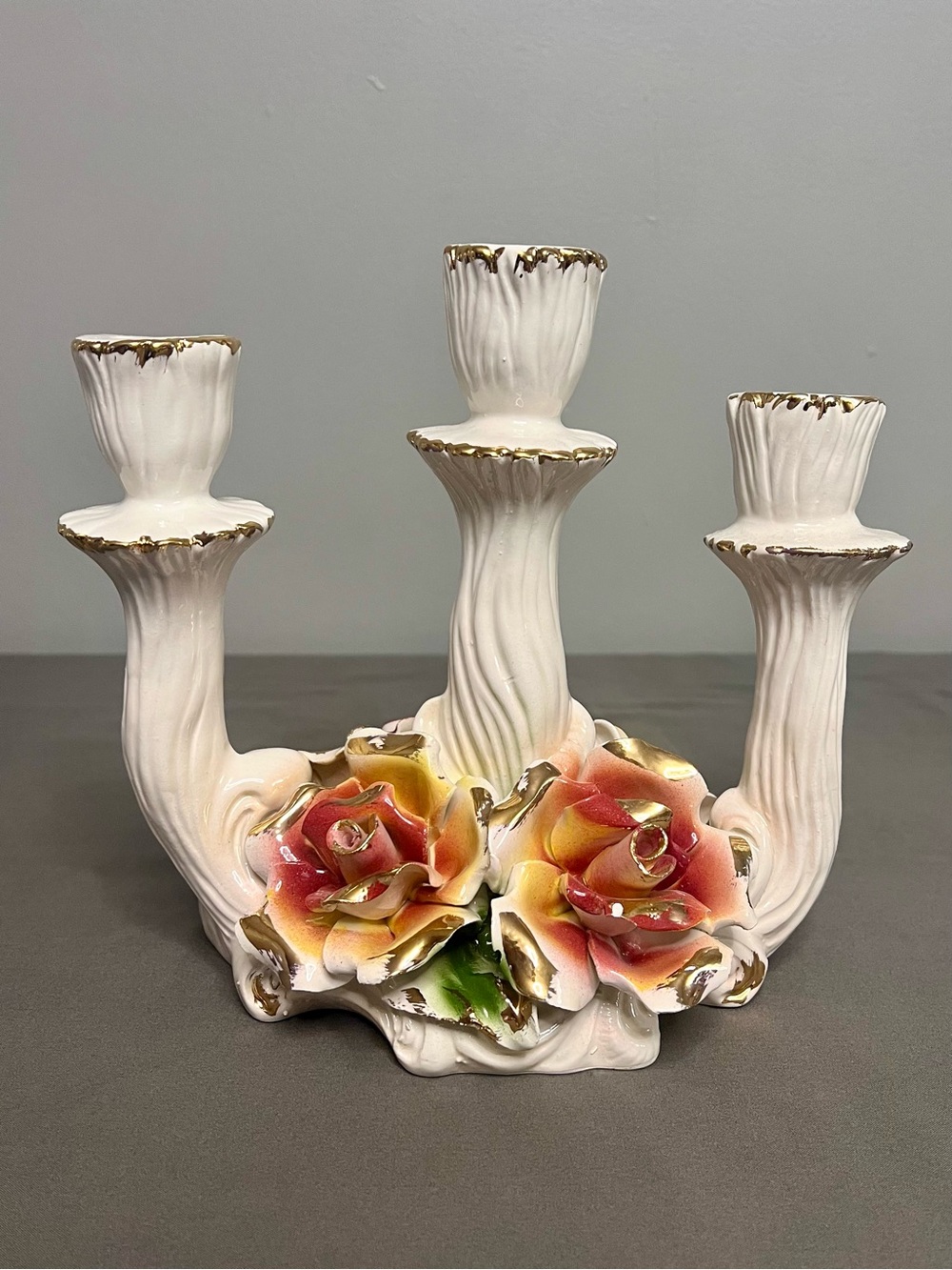 Capodimonte Porcelain 3 Arm Candelabra W/ 3D Floral Design Both Sides